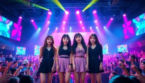 Blackpink news featuring an energetic concert scene with all four members performing.
