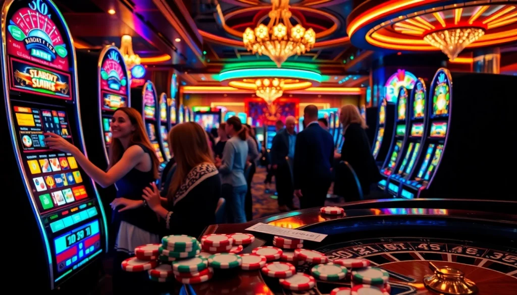 Action-packed casino scene with players enjoying slot depo 5k machines and colorful poker chips.