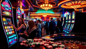 Action-packed casino scene with players enjoying slot depo 5k machines and colorful poker chips.