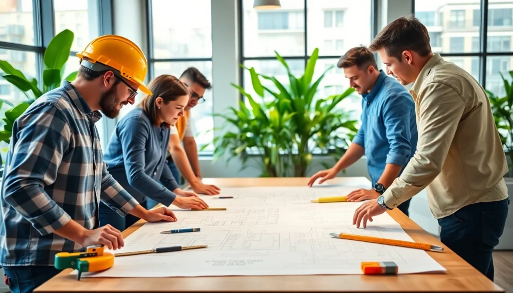 Texas association of builders team collaborates on construction plans in a modern office.