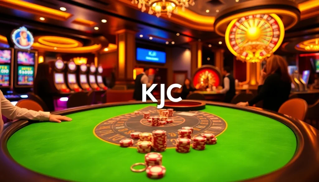 KJC players enjoying an exciting game at a luxury casino table with vibrant chips and lights.