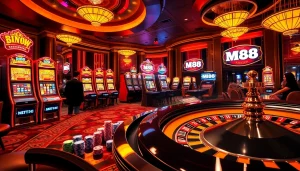 Experience the excitement of gaming at MM88 with vibrant slot machines and lively players.