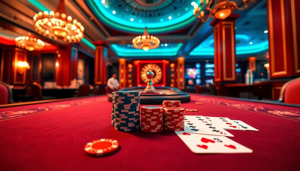 Experience high-stakes gaming excitement at https://kk55.global/, featuring a lavish casino table and roulette wheel.