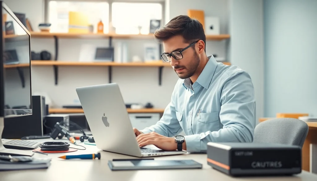 Technician providing professional computer service in a bright workspace.