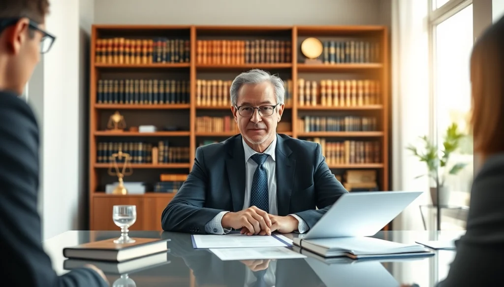 Attorney for insurance claims consulting with a client in a modern office environment.