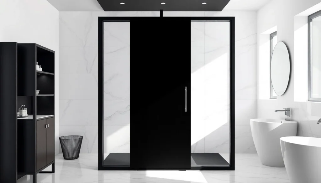 Showcasing a sleek black shower sliding door in a modern bathroom design, emphasizing elegance and style.
