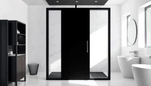 Showcasing a sleek black shower sliding door in a modern bathroom design, emphasizing elegance and style.