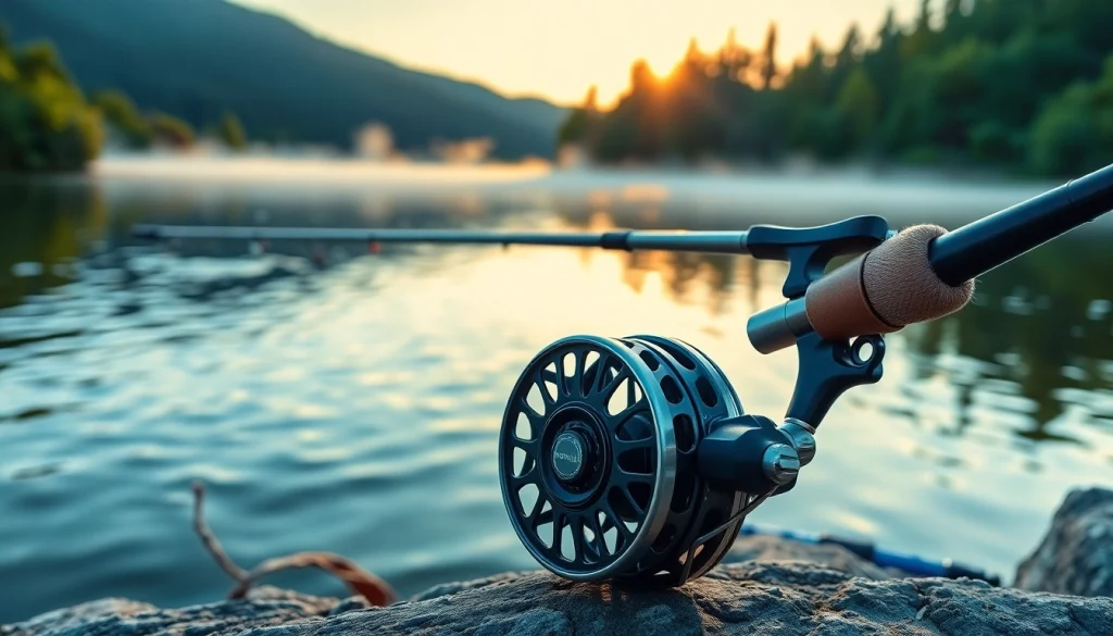 Showcase of a Fly fishing combo in a serene lakeside setting, highlighting details of the rod and reel.