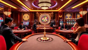 Players enjoying a thrilling game in U888's upscale casino environment with vibrant tables and dealers.