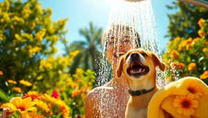Enjoying a refreshing sunny shower in a vibrant garden filled with flowers and greenery.