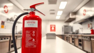 Ensure safety with a visually striking fire extinguisher prominently displayed in a commercial kitchen.