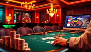 Experience the captivating atmosphere of Cổng game Haywin with high-stakes poker and vibrant casino visuals.