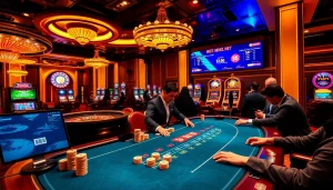 Engaged players at the mk8th.net blackjack table strategizing their next moves in a luxurious casino.