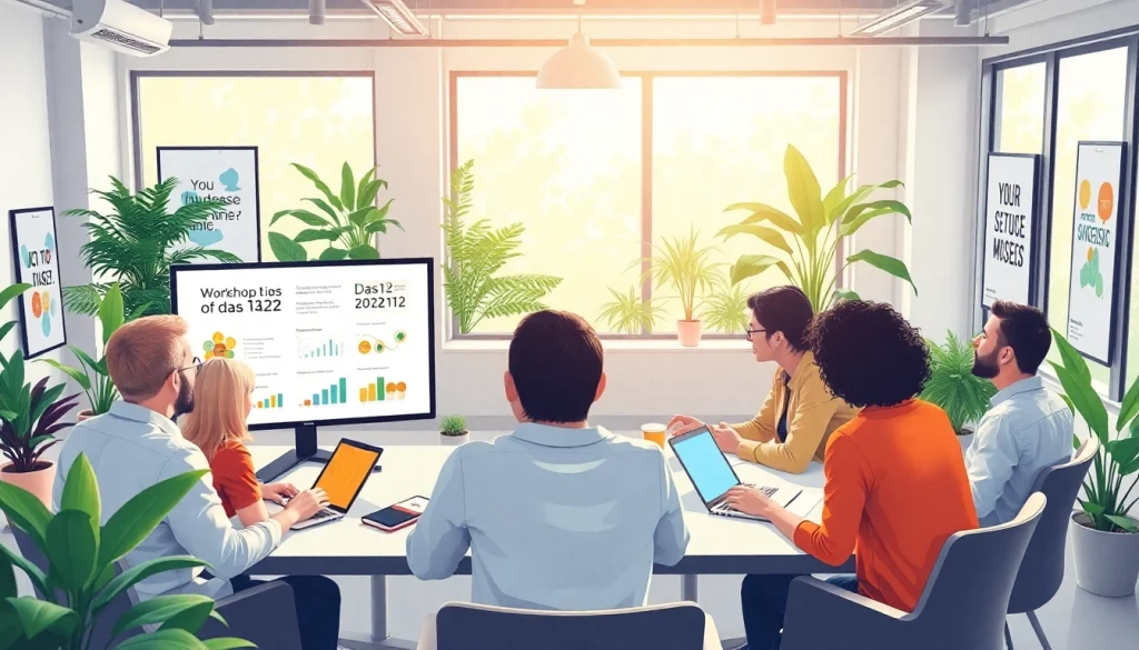 Team collaborating in a modern office on das 142 strategies with engaging visuals.