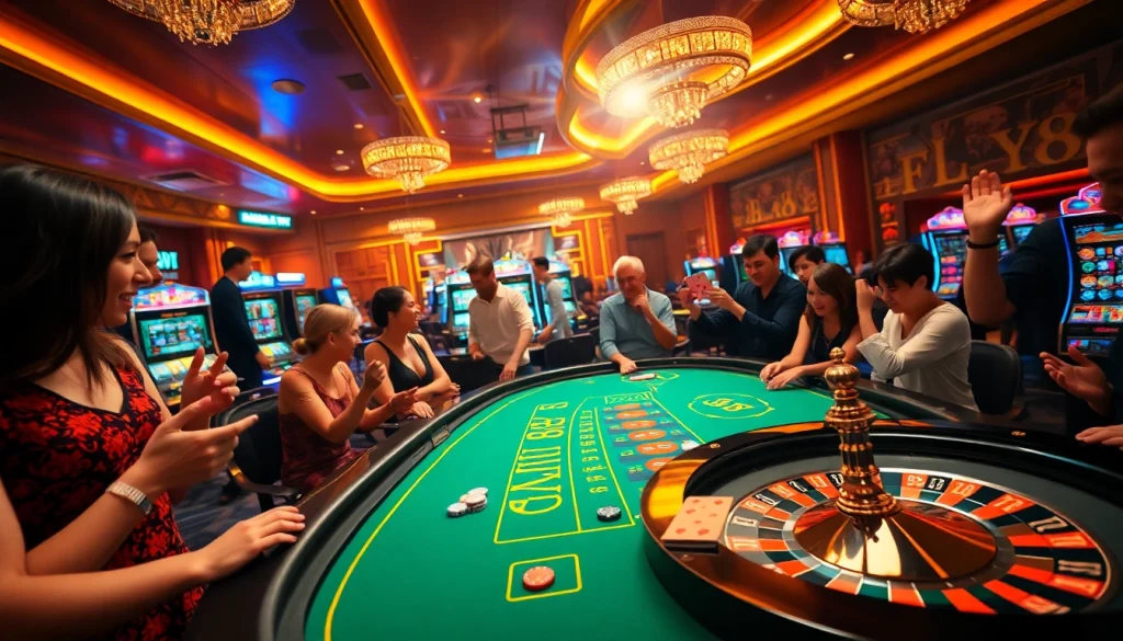 Experience the thrill of winning at the FLY88 poker table with lively players and vibrant chips.