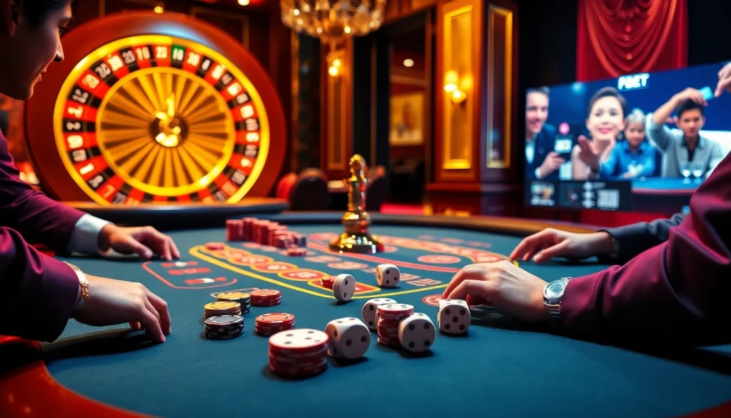 Players enjoy poker at F8BET's luxurious gaming table, capturing the excitement of live casino action.
