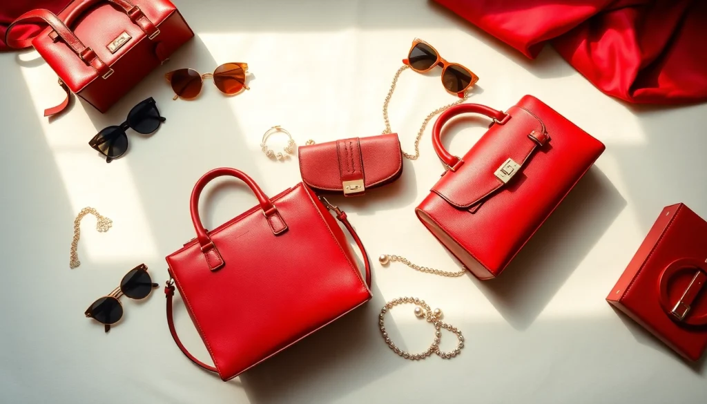 명품 이미테이션 핸드백과 패션 액세서리 평면 배치 이미지