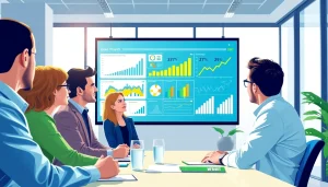 Explore growth strategy trends through a professional team analyzing data in a modern office.