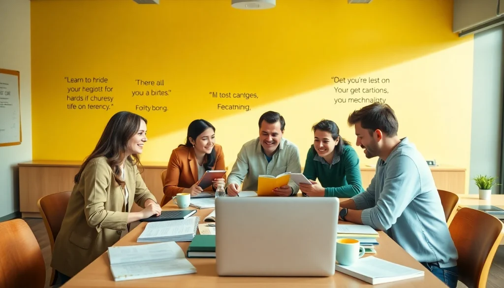 Students collaborating in the exam assistance industry with study materials and laptops.