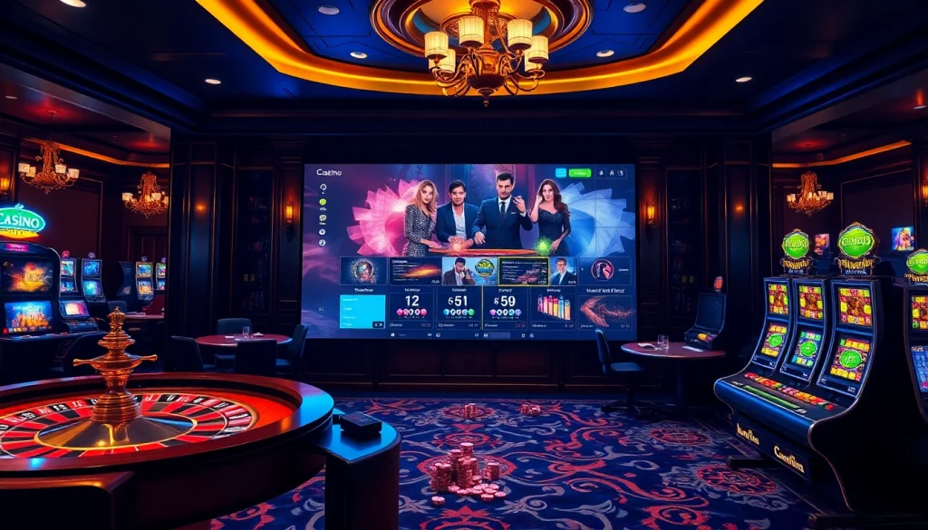 Découvrez l'excitation du casino en ligne avec des joueurs engagés autour de tables de luxe et de machines à sous vibrantes.