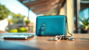 Praktische abschließbare Handytasche auf einem Holztablett präsentieren