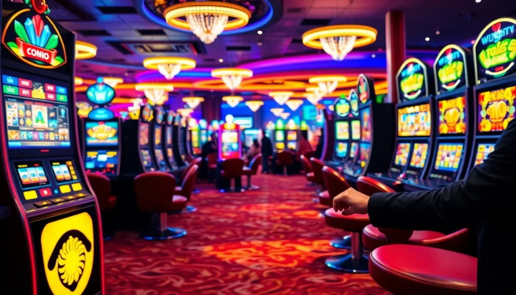 Main hoki slot machines in a vibrant casino, showcasing excitement and gaming action.