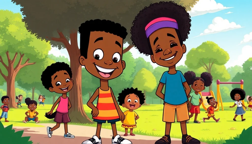 A scene showcasing popular African American Cartoons characters like Huey and Riley Freeman enjoying a sunny park day.