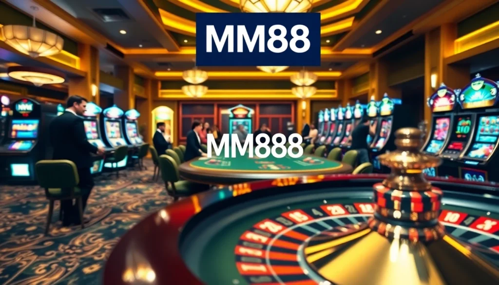 Experience thrilling gambling at MM88 with vibrant casino tables and spinning roulette wheels.