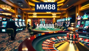 Experience thrilling gambling at MM88 with vibrant casino tables and spinning roulette wheels.