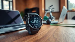 Showcase the Explorer Plus GPS Smart Watch with vibrant fitness tracking features on a stylish desk.