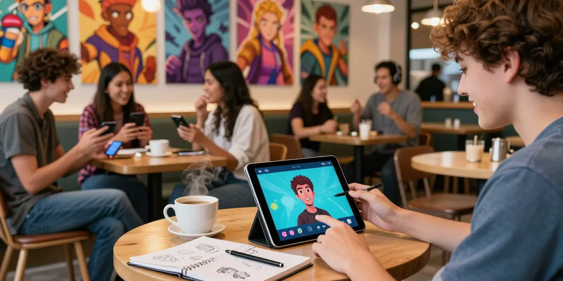 Engaging scene of players immersing in the status game and creating avatars in a café environment.