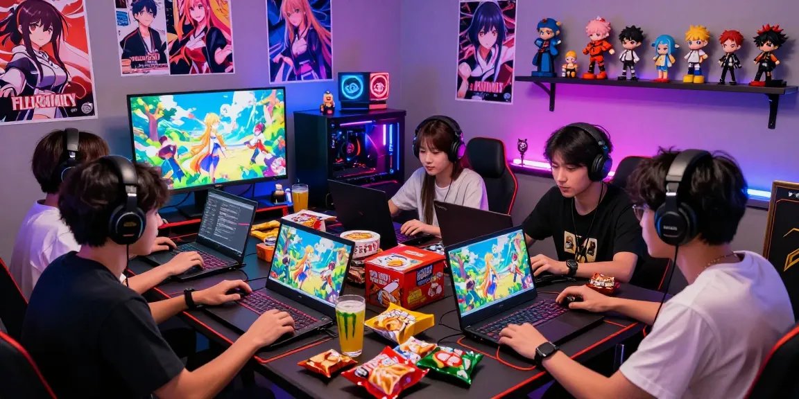 Engaging gaming scene with friends enjoying free hentai games, colorful atmosphere, snacks, and gaming setup.