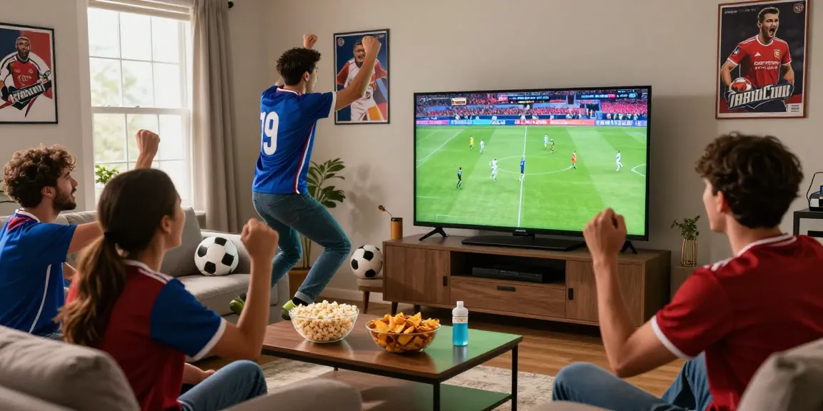 Fans enjoying kooralive streaming in a vibrant living room during a football match, celebrating together.